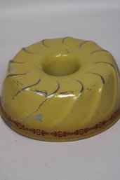 Charming Vintage Yellow Bundt Cake Pan With Red Stencil Design - Rustic Kitchen Decor