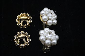 Clip-On Earring Duo - Faux Pearl And Gold-Tone Wreath Designs