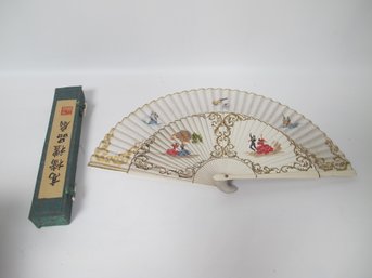 Hand-Painted Oriental Folding Fan With Original Box