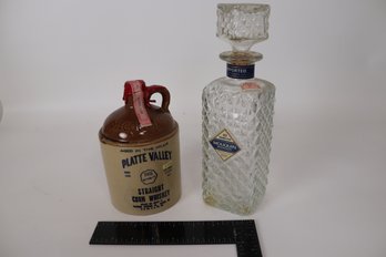 Vintage Platte Valley Corn Whiskey & Mouquin Brandy Decanter Set With Diamond Quilted Glass & Original Stopper