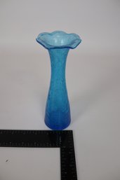 Mid-Century Modern Blue Crackle Glass Vase With Ruffled Edge - Vintage Art Glass Collectible