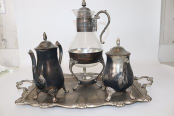 Vintage Silver-Plated Tea Service Set With Golden Crown Serving Tray - Floral Elegance