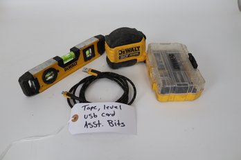 DeWalt Tool Set Bundle: Level, Tape Measure, USB Charge Cord, Bit Index - Used