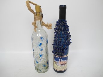 Unique Decorative Glass Bottle Set - Hand-Painted And Beaded