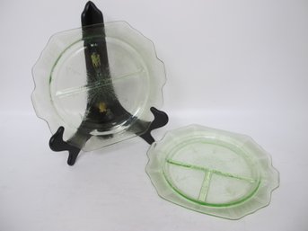 Vintage Green Depression Glass Divided Serving Plates - Set Of 2