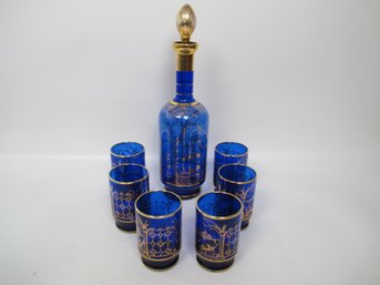 Vintage Cobalt Blue Glass Decanter Set With Gold Gilding