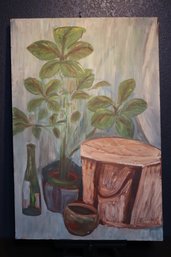 Verdant Serenity - Charming Unknown Artist's Oil Painting On Canvas, Vintage Still Life With Plants And Potter