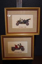 Vintage Needlepoint Automotive Art - Ford Model T & REO Runabout - Early 1900s Collectible Decor