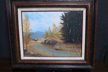 Vintage 1983 Original M.S. Bailey Landscape Painting - Pastoral Scene With Deer, Autumnal Trees, And Serene La