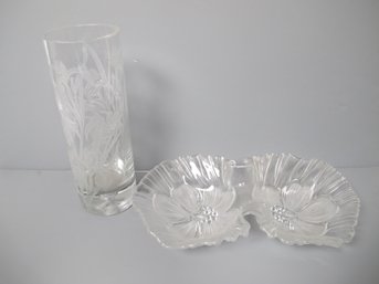 Clear Etched Glass Vase And Floral Two-Section Glass Dish Set