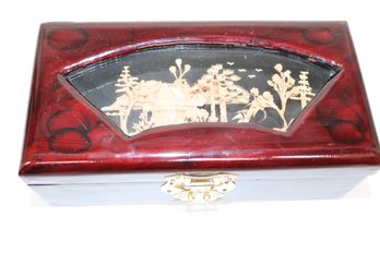 Vintage Chinese Red Lacquered Jewelry/Trinket Box With Carved Cork Diorama Lid