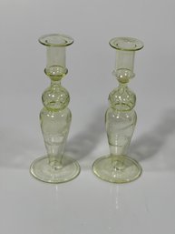 Vintage Green Glass Candle Stick Holders