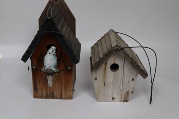 Handcrafted Rustic Wooden Birdhouse Duo With Artisanal Charm