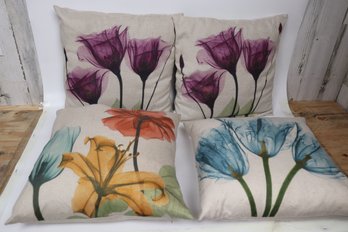 Charming Set Of 4 Linen Floral Print Throw Pillows  Home Decor Accent