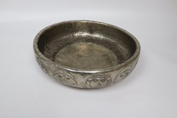 Vintage Hand-Engraved Aluminum Over Wood Centerpiece Bowl With Tribal Faces, Made In India