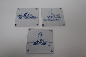 Set Of Three Vintage Delft Blue Ceramic Tiles - Dutch Landscape Scenes, Collector's Wall Decor