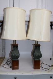 Pair Of Verdigris Metal Lamps With Asian Motif On Wood Bases - Functional Vintage Lighting