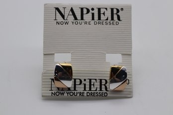 Napier Geometric Gold And Silver-Tone Clip-On Earrings - Vintage Designer Jewelry