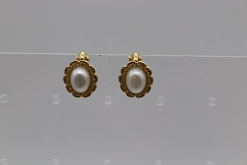Elegant Vintage Gold-Tone Clip-On Earrings With Faux Pearl Centerpiece