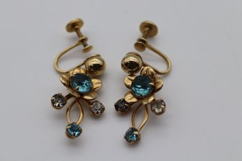Vintage Gold-Tone Floral Screw-Back Earrings With Teal And Clear Rhinestones