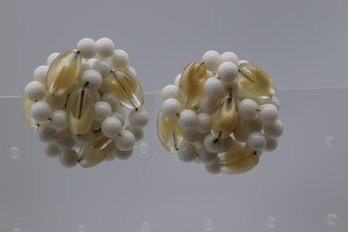 Mid-Century White Beaded Cluster Clip-On Earrings