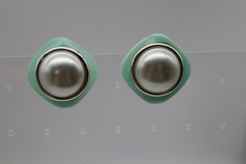 Retro Mint Green Enamel And Silver-Tone Clip-on Earrings