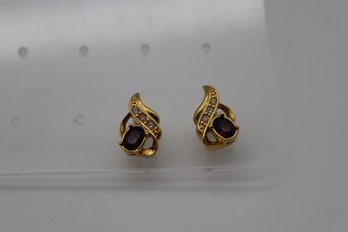 Vintage Elegance Ruby-Colored Stone And Rhinestone Gold-Tone Clip-On Earrings