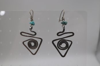 Contemporary Abstract Wire Art Earrings With Turquoise Accents - Handcrafted Statement Jewelry