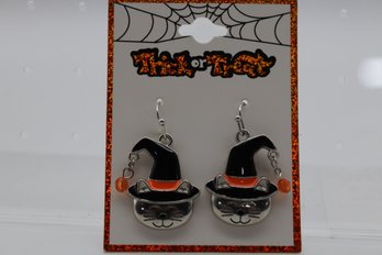 Charming Halloween Cat Witch Earrings - Enamel Dangle Festive Jewelry