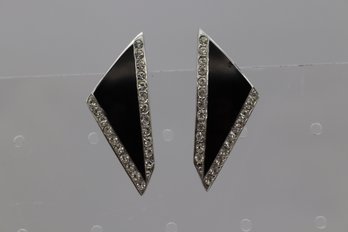 Geometric Onyx And Rhinestone Clip-on Earrings - Chic Vintage Jewelry