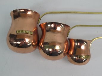 Set Of 3 Copper And Brass Bar Measures - Whisky, Rum, And Brandy - Long-Handled Bar Dcor