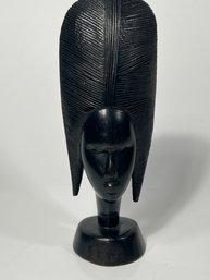 Vintage African Hand Carved Ebony Wood Female Head Bust 11'