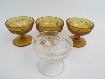 Set Of 4 Amber And Clear Depression Glass Dessert Cups