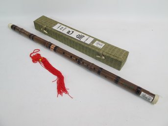 Chinese Bamboo Dizi Flute With Inscribed Calligraphy And Red Tassel - Decorative Collectible Instrument