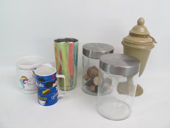 Mixed Lot Of Home Decor And Kitchen Storage - Glass Canisters, Ceramic Mugs, Travel Tumbler & More