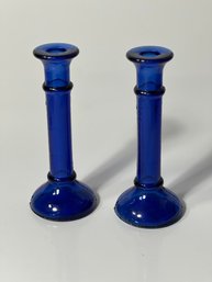 Vintage Cobalt Blue Glass Candlestick Holder Set Of Two