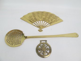 Decorative Brass Fan Wall Hanging & Kitchen Utensils - Lot Of 3