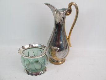 Made In USA Ceramic Pitcher & Glass Bowl With Silver-Plated Rim  Classic American Charm