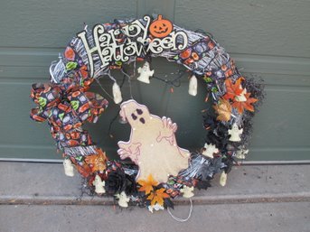 Light-Up Halloween Wreath With Ghosts, Glitter Leaves, And Festive Ribbon