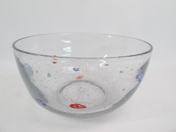 Decorative Clear Art Glass Bowl With Millefiori Accents And Controlled Bubbles