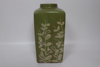 Elegant Olive Green Ceramic Vase With Botanical Relief Design