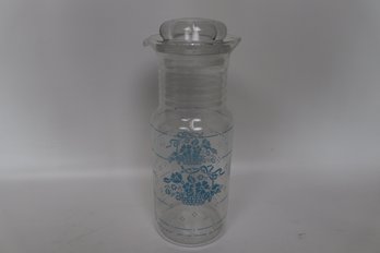 Vintage Clear Glass Water Pitcher With Blue Floral Design And Lid