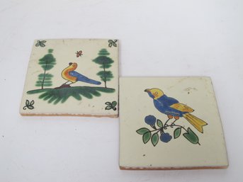 Vintage Hand-Painted Ceramic Tiles  Set Of Two With Bird Motif