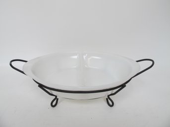 Vintage Glasbake Divided Serving Dish With Metal Stand