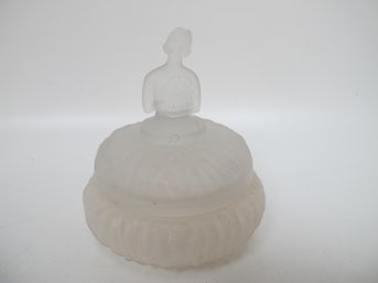 Vintage White Frosted Glass Powder Jar With Lady Bouquet Top