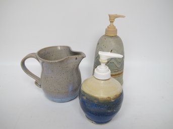 Handcrafted Pottery Lot: Soap Dispensers And Pitcher