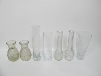 Assortment Of Vintage Glass Vases: Pineapple Vase, Ribbed Bud Vase, Rectangular Tapered Vase, And More