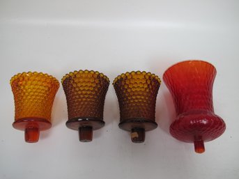 Vintage Amber And Red Hobnail Glass Candle Holders (Set Of 4)