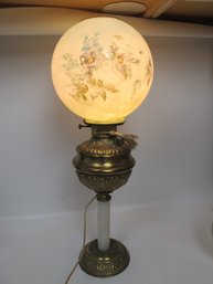 Antique Circa 1890s Brass Lamp With Hand-Painted Globe