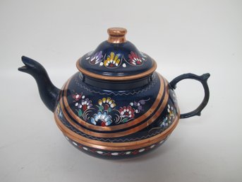 Hand-Painted Copper And Enamel Tea Kettle With Floral Design